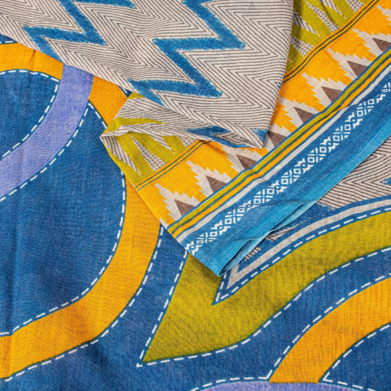 Sanskriti Vintage Blue-Yellow Pure Cotton Saree Kantha Geometric Print Sari 5+Y