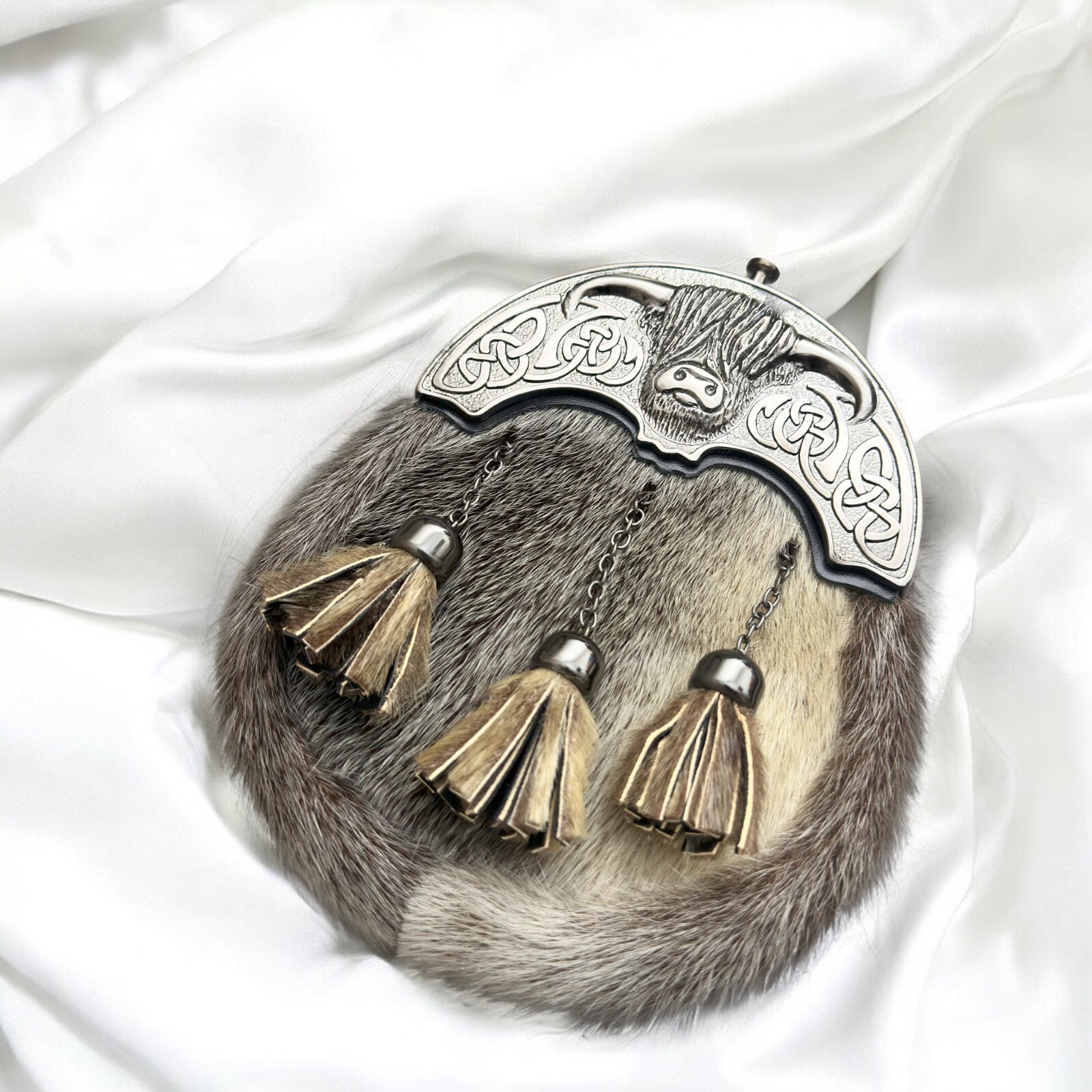 Scottish Cow Head Sporran Three Tassels with Chrome Finished Cantle and Fur