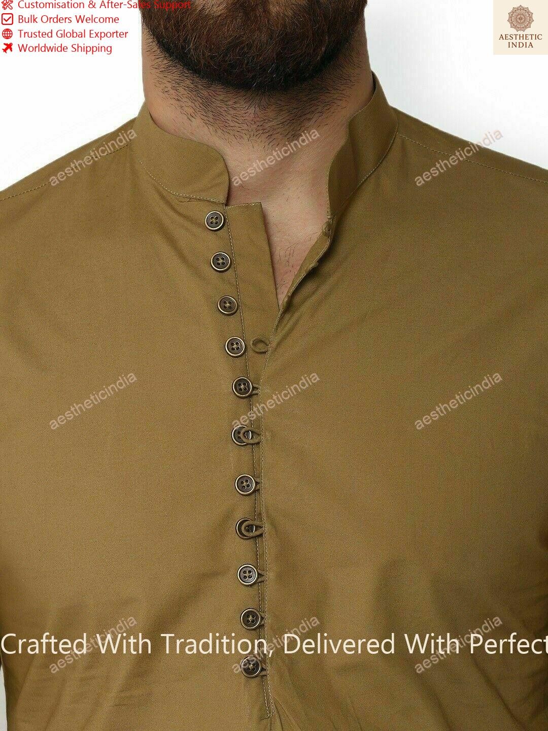 Mens Kurta Cotton Fabric Indian Brown Dress Mens Tunic Kurta Plain FreeShip