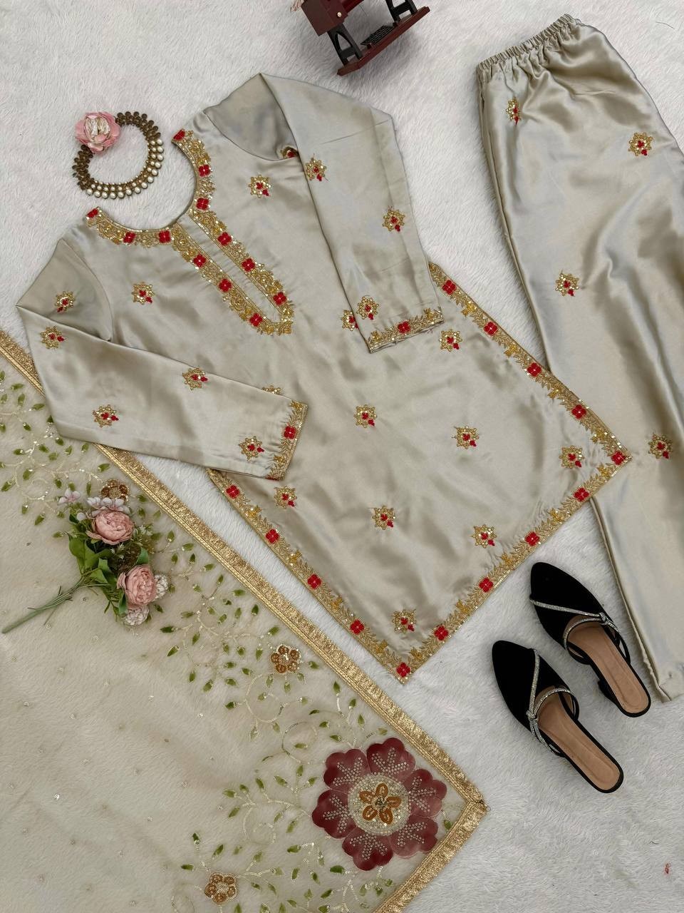Presenting Japan Satin Silk Grey Top Palazzo With Dupatta For Festival Wear