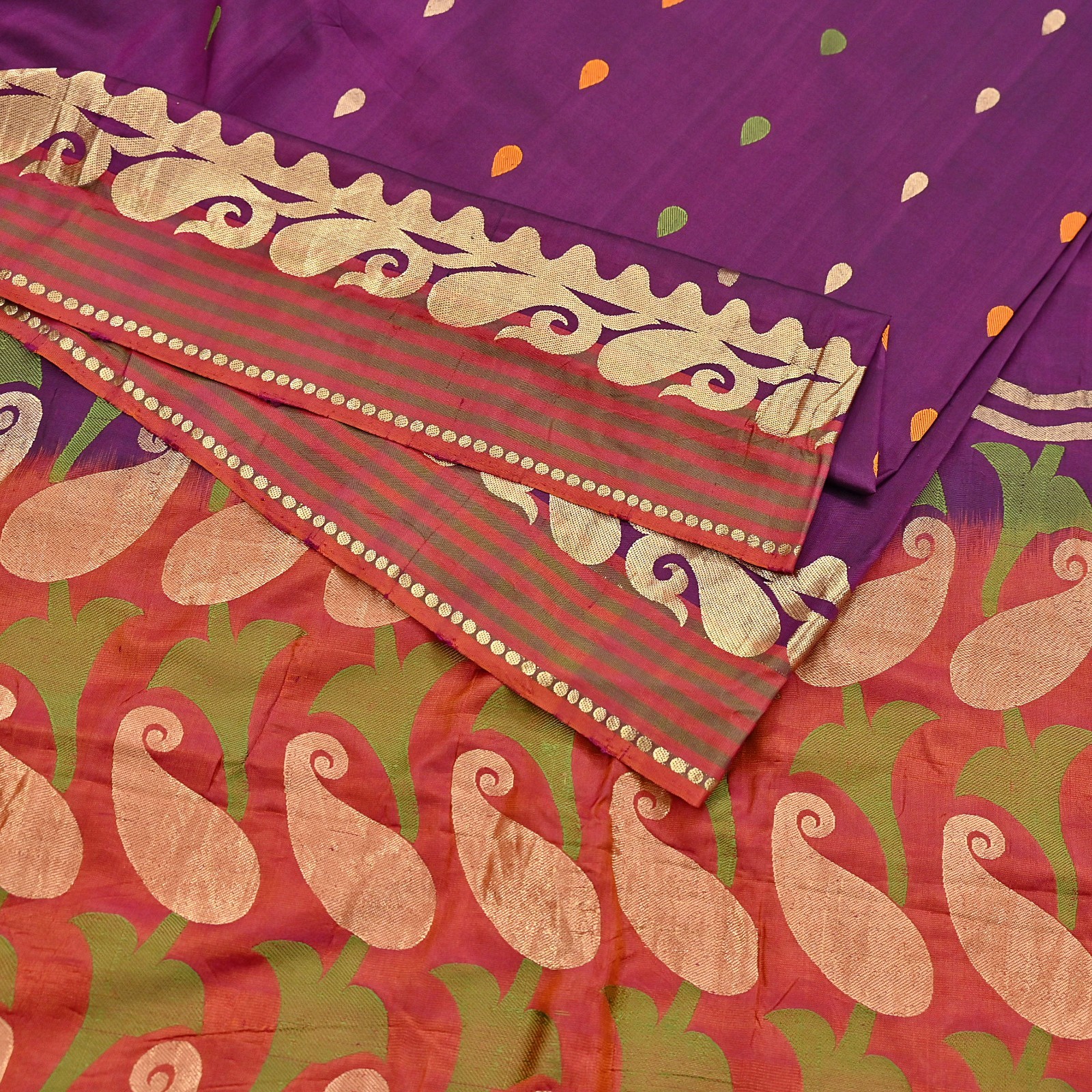 Indian Vintage Heavy Sari Purple & Orange Hand Woven Sarees 100% Pure Silk Zari