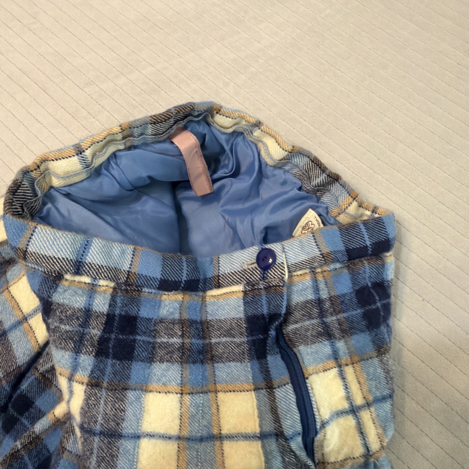 Vintage MOFFAT WEAVERS Blue white brown Plaid Tartan Kilt Skirt Sz 16 Scotland