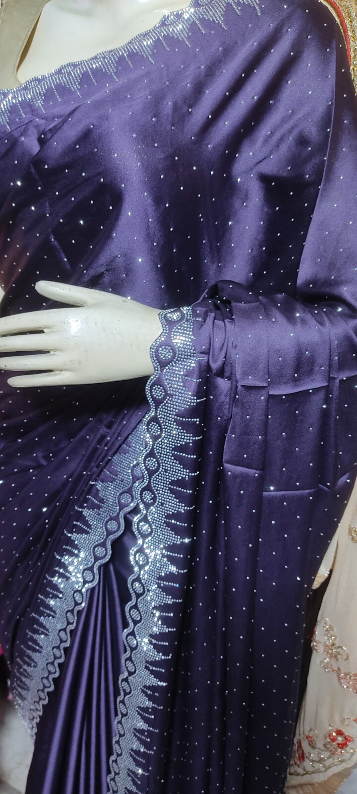 Dark purple satin saree designer saree with all-over crystal stone work,crystal