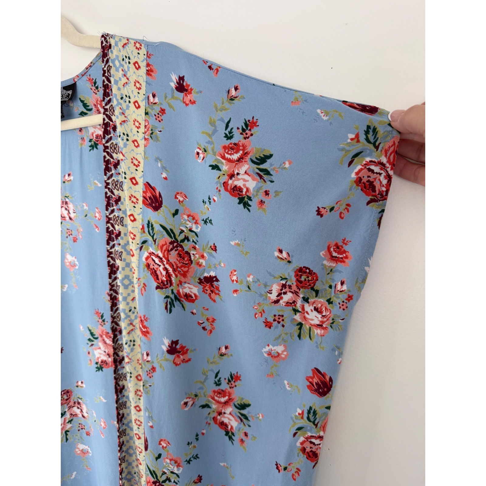ANGIE Blue Floral Print Kimono Cover Up Lightweight Festival Beach Boho Small