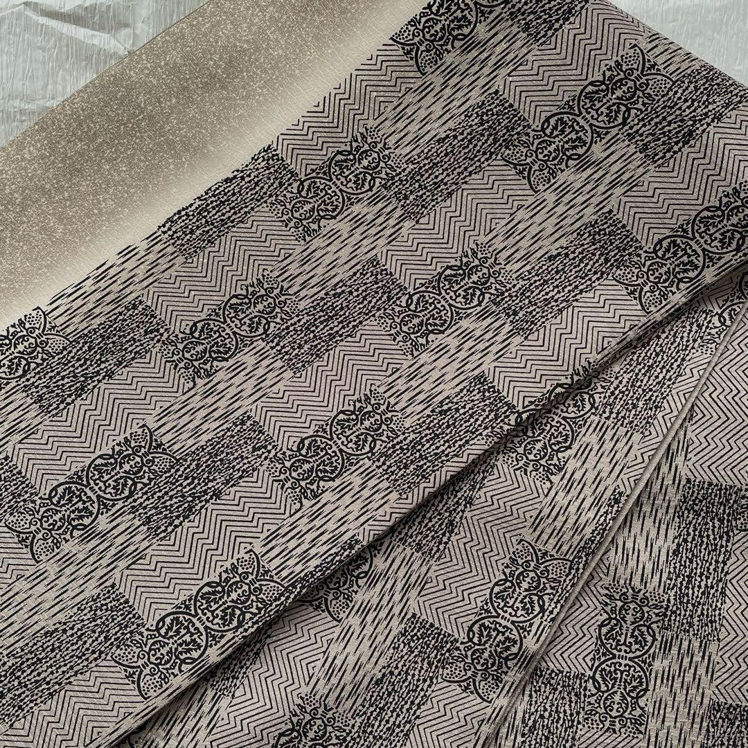 Silk Fukuro Obi Full Pattern Gray Beige Geometric Kimono Sash 440cm