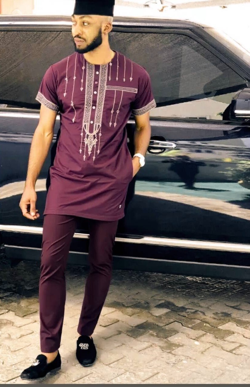 Men’s African Clothing Embroidered Cotton Shirt Pants Wedding Birthday Party