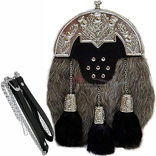 Full dress Sporran With grey Goat Fur With Chrome Cantel (Free Belt Included)
