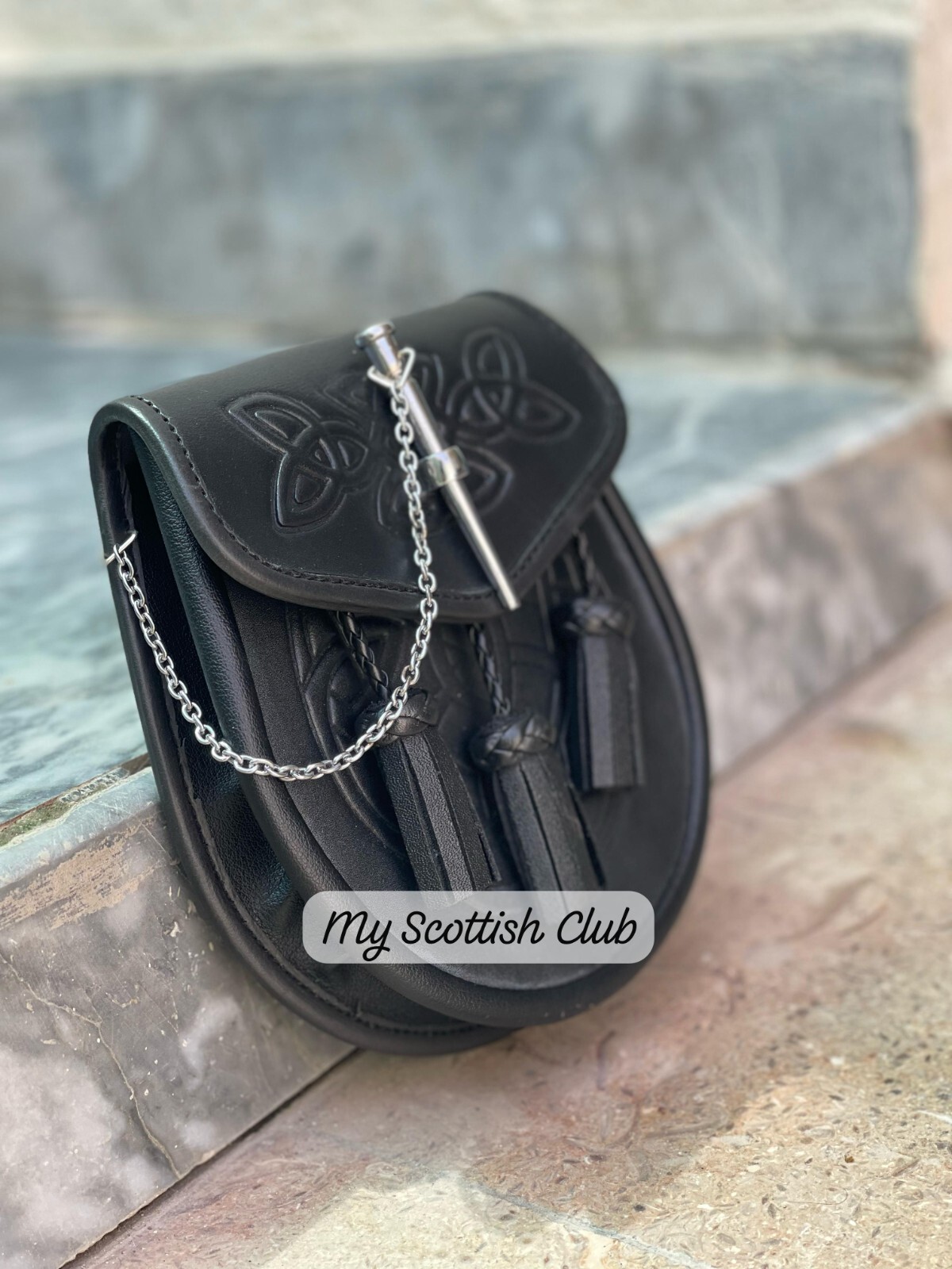 Men’s Kilt Sporran Scottish Celtic Embossed Pin Lock Black Kilt Sporran