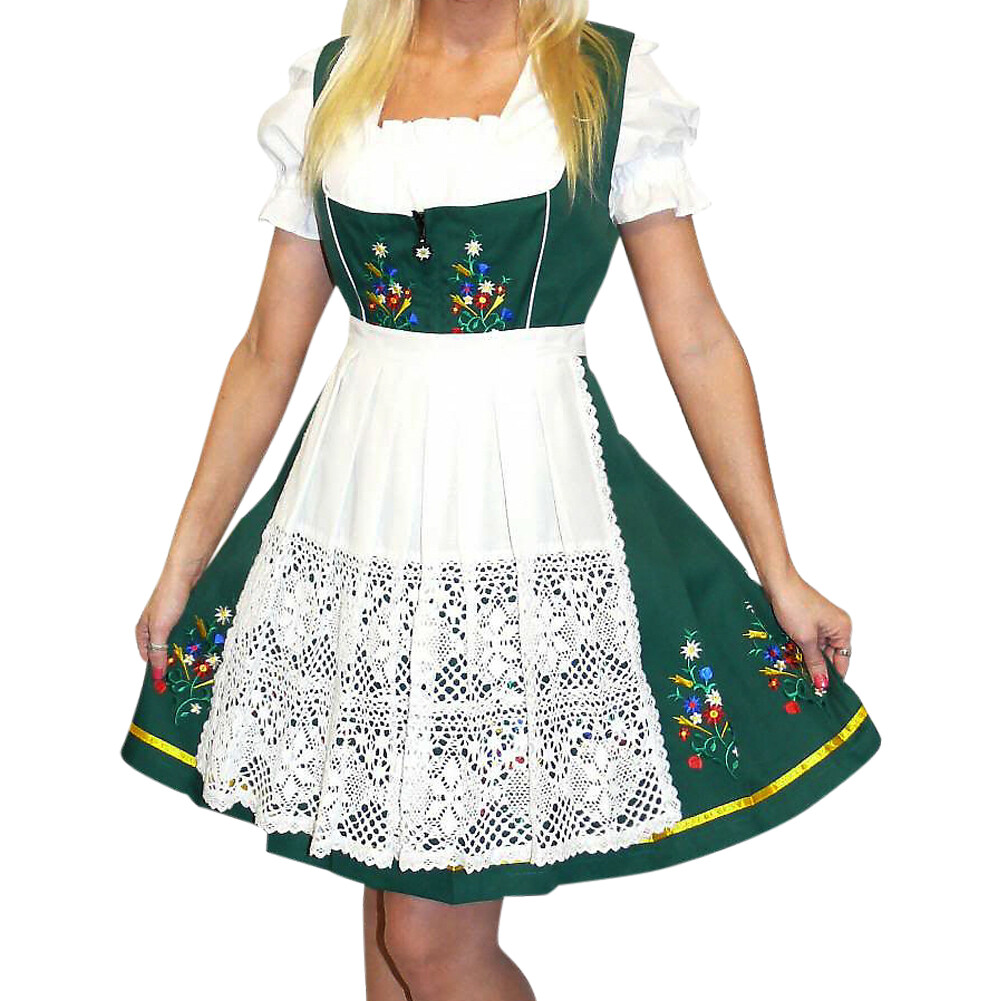 S 8 German Oktoberfest Dirndl Dress EMBROIDERED Lace Apron + Top Green Short NEW