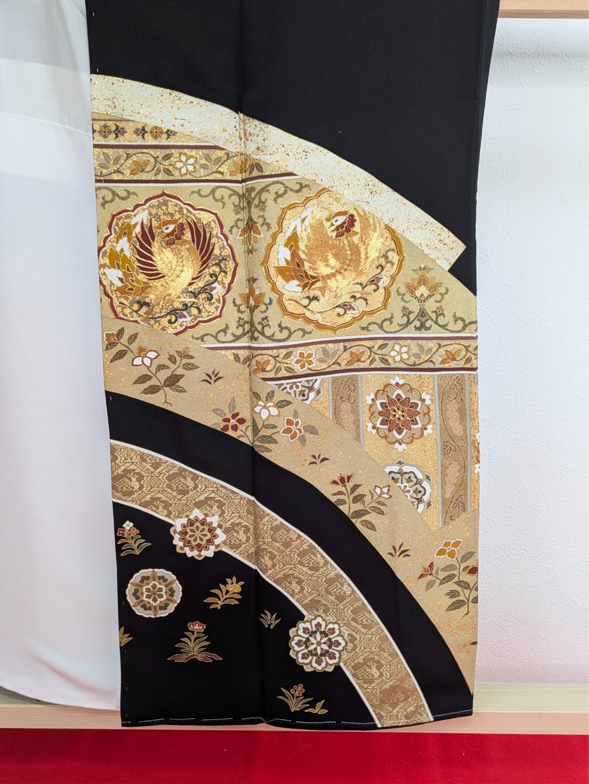 Authentic Japan Kimono Silk Black Tomesode Gold Phoenix Embroidery Textile Art