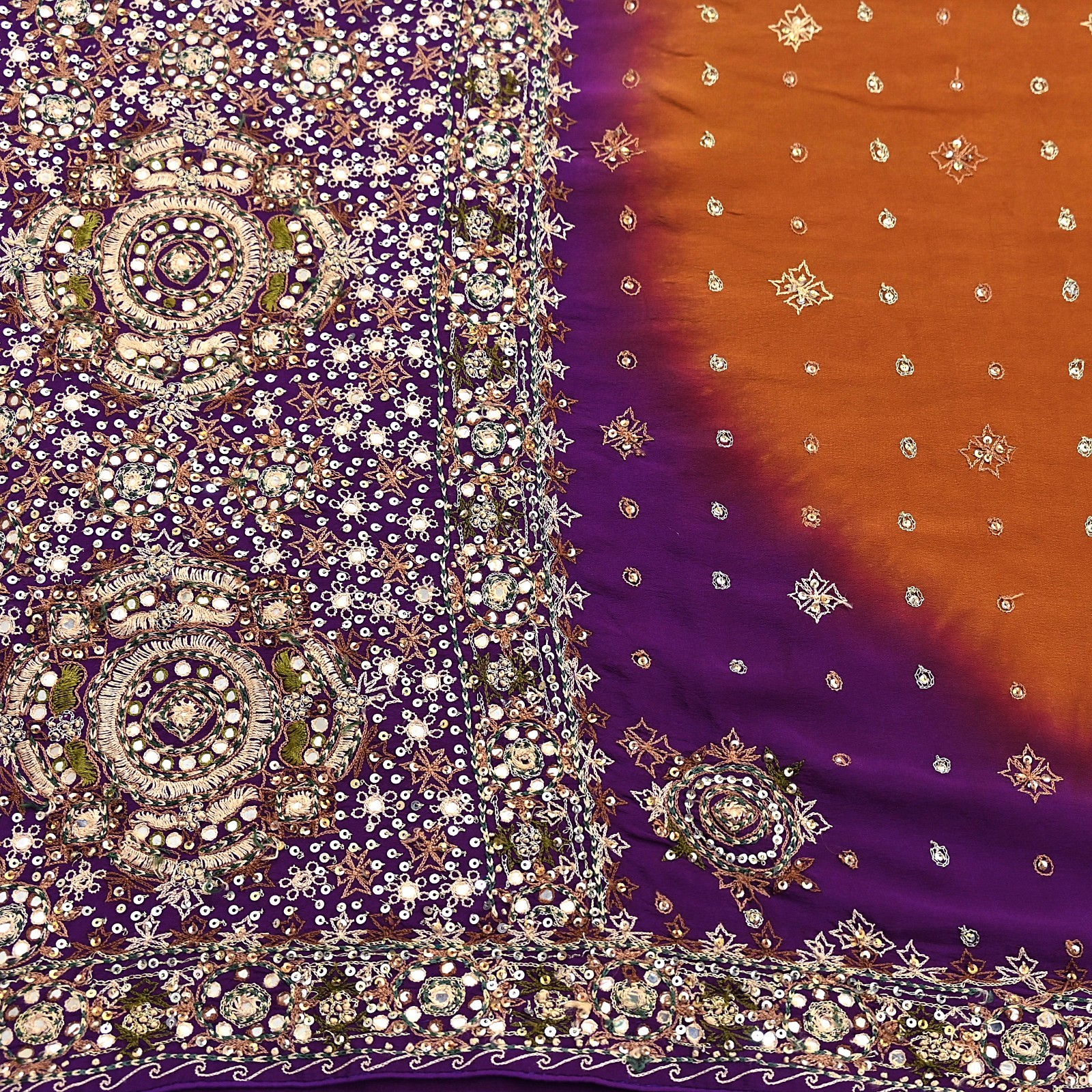 Indian Vintage Sari Purple & Mustard Pure Crepe Silk Hand Embroidered Sarees 6yd