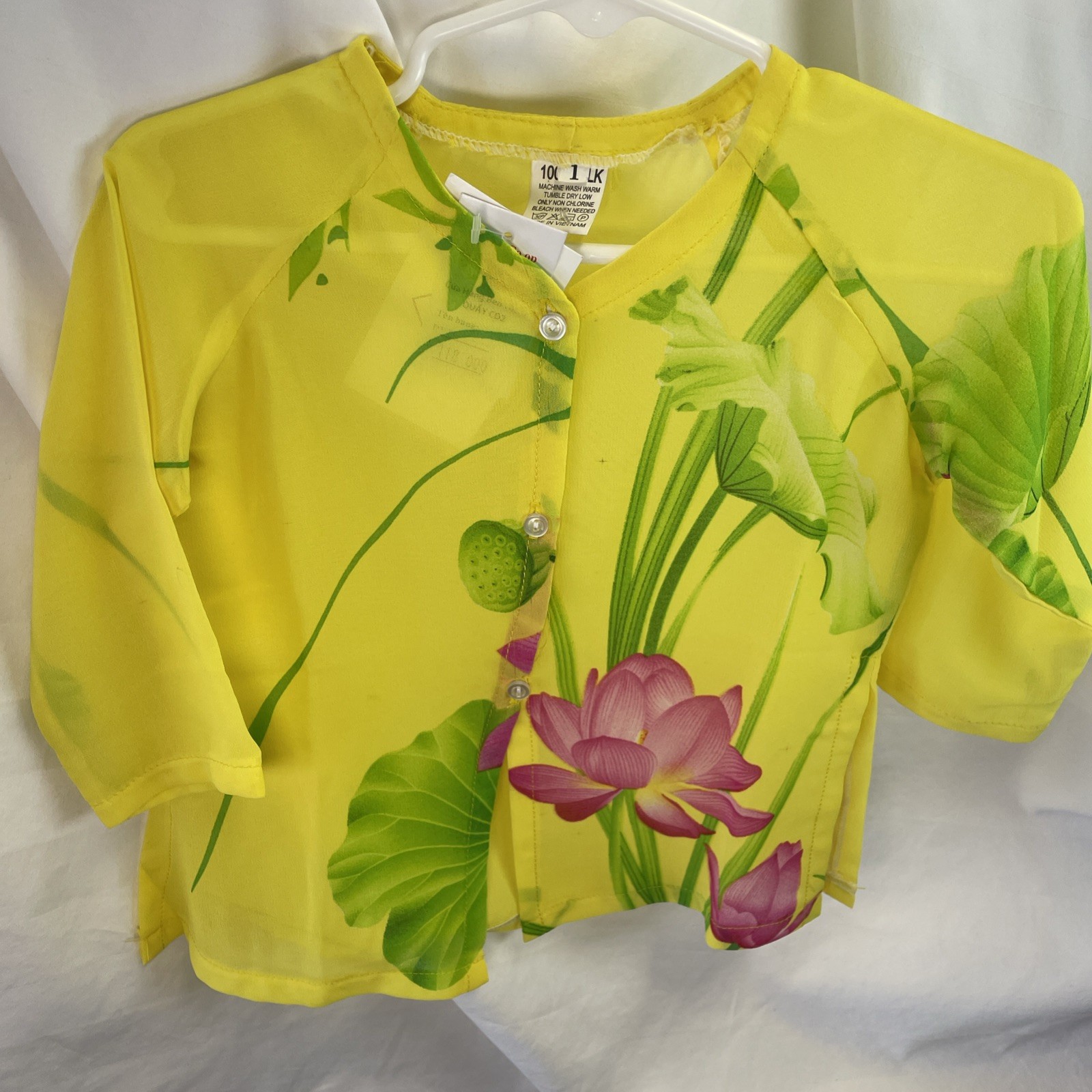 ASIAN lotus Floral 100% Silk Crepe Yellow Pink Child Button Down Shirt Sz 1