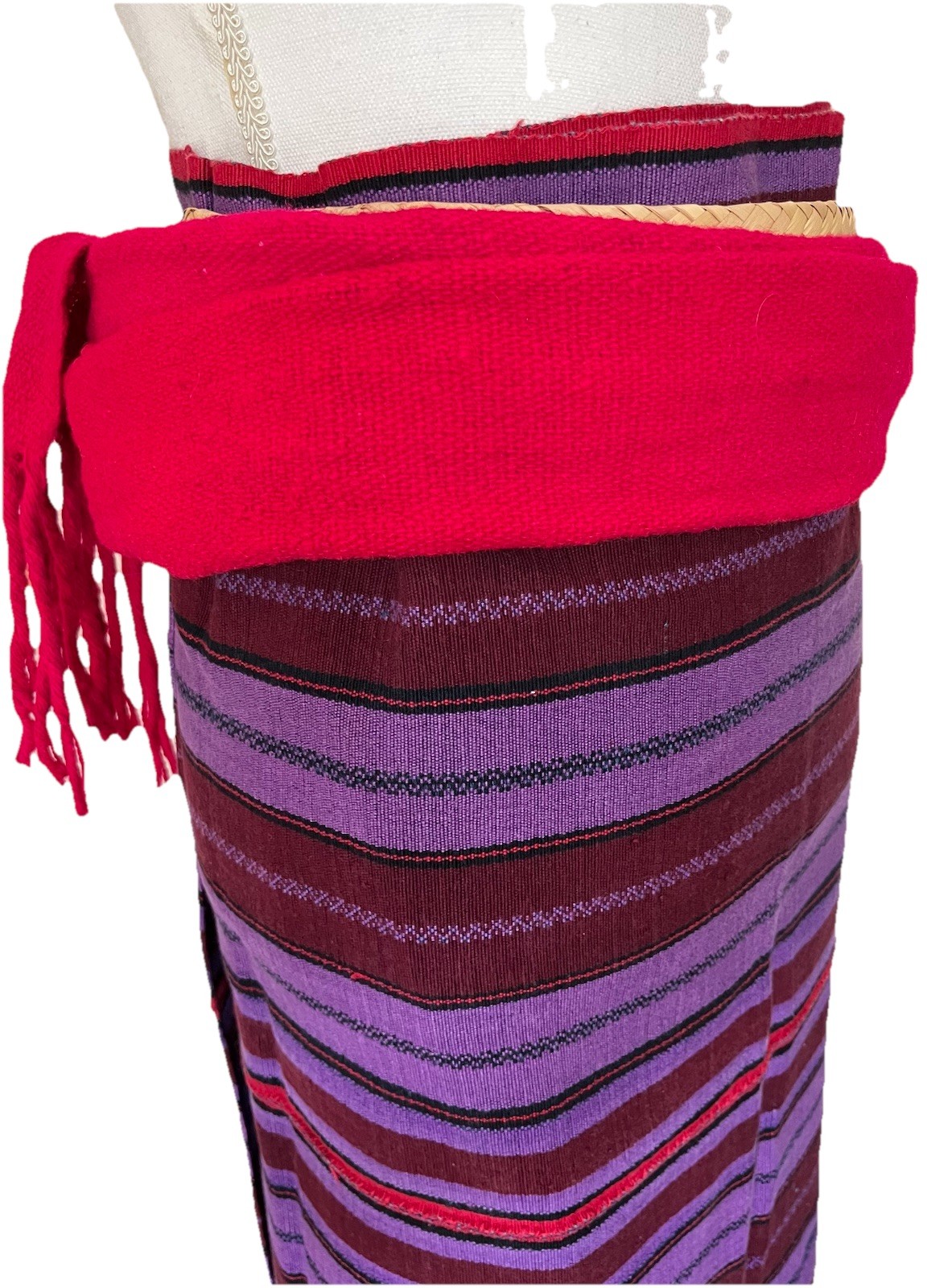 Rare 106″ MAYAN Woven Natural Rattan & Wool BELT Red From Mexico Vintage Rare