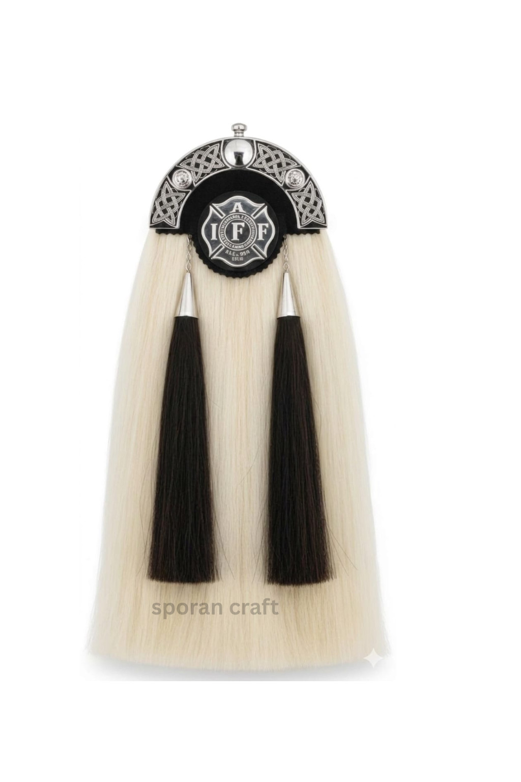 Handmade Firefighter Horsehair Sporran White Black Tassel Silver Celtic Cantle