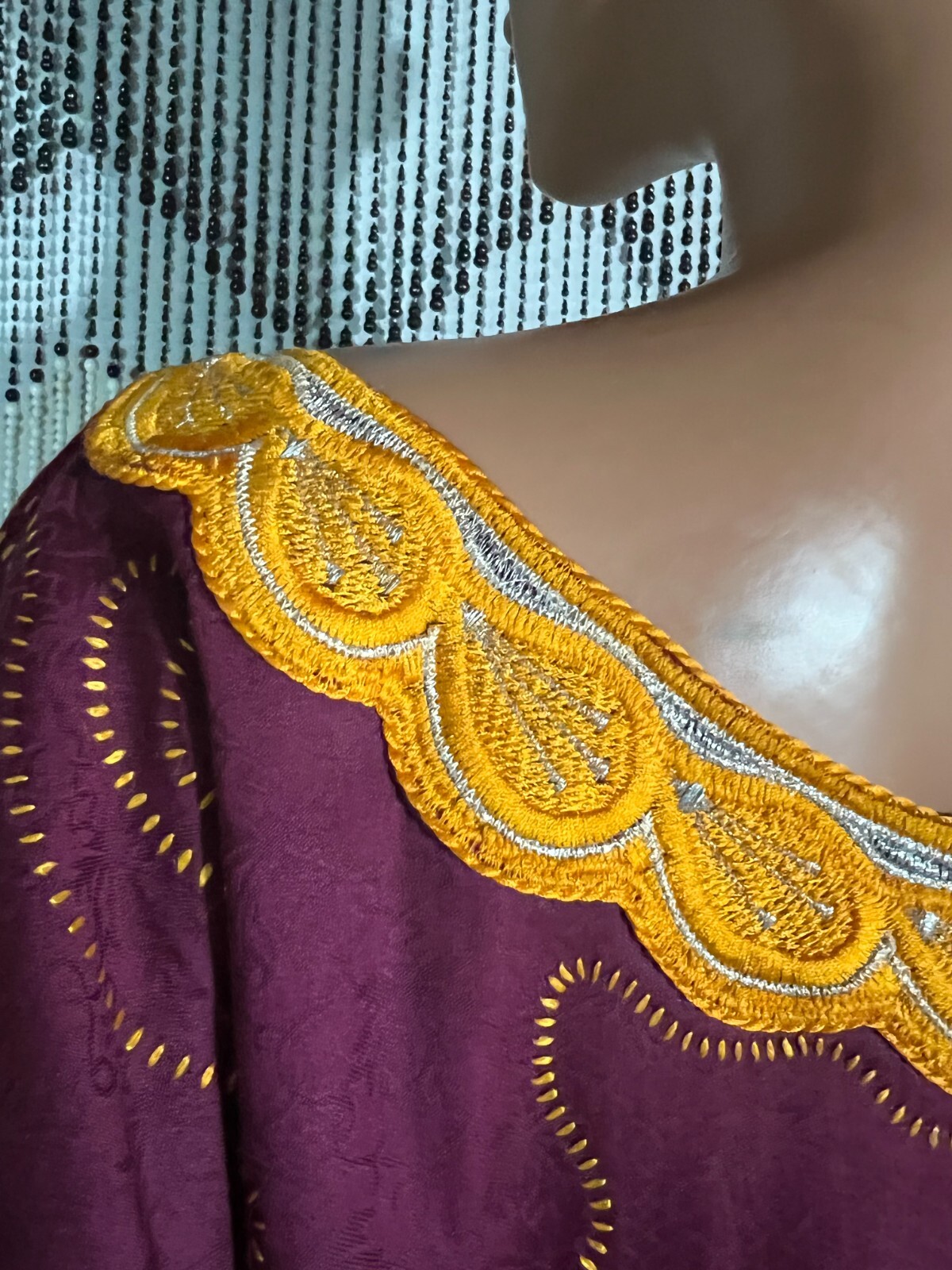 Unisex Men Women Kaftan Long Robe Gnana Africa Burgundy Embroidery Free Chest 56