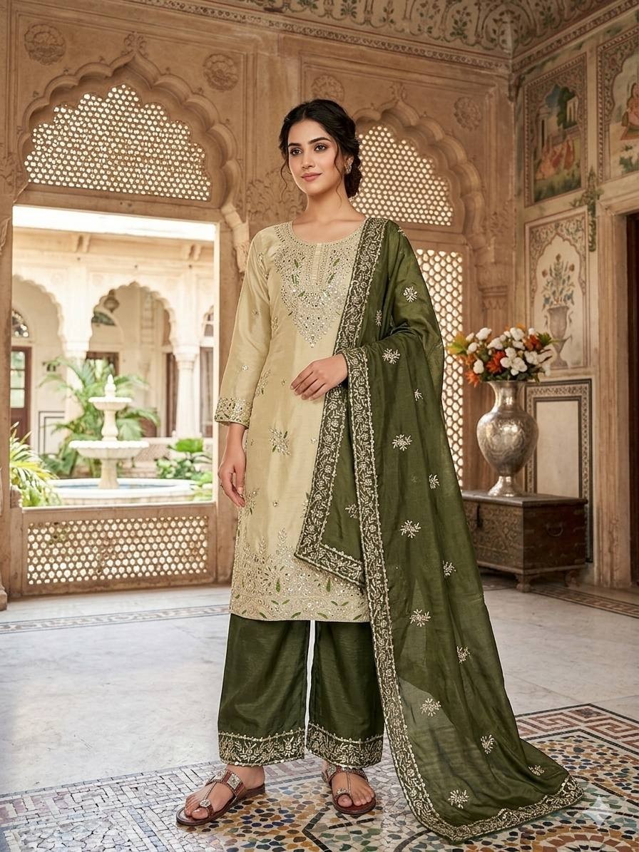 Classic Look Silk Green Palazzo Suit With Dupatta For Indian Party Wear