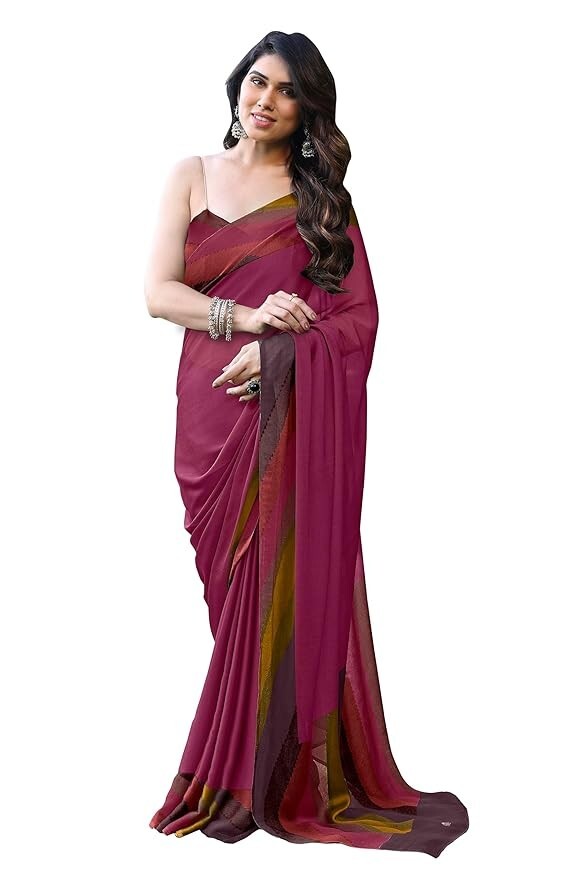 FASHION Women’s Stylish Chiffon Colorblocked Strips Printed Saree with Blouse