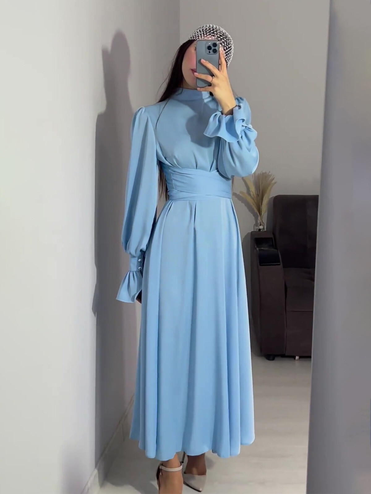 Women Long Dress Lantern Sleeves High Neck Party Plain Color Gown Lace Up Dress