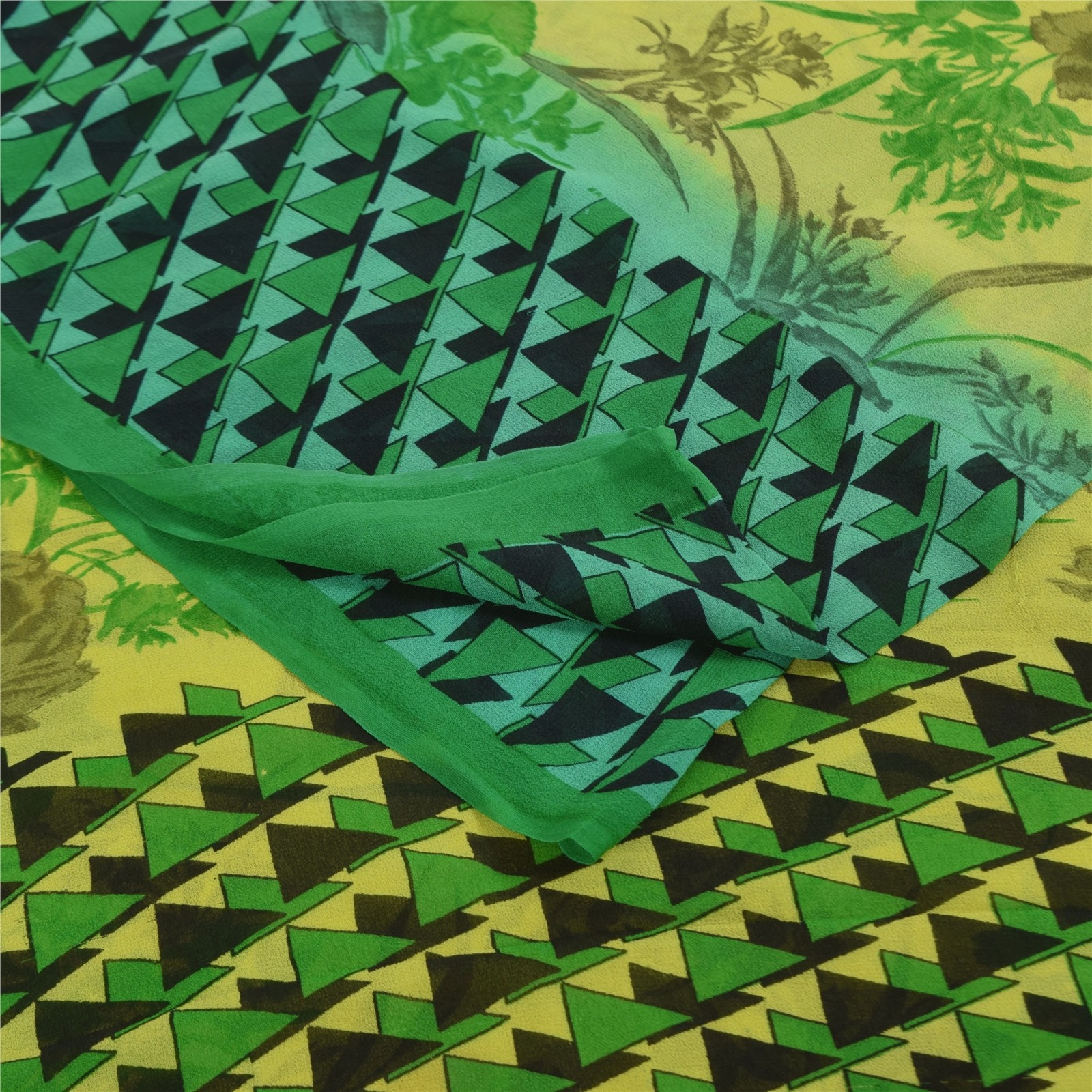 Sanskriti Vintage Sarees Green Pure Georgette Silk Print Sari 5+Yd Craft Fabric
