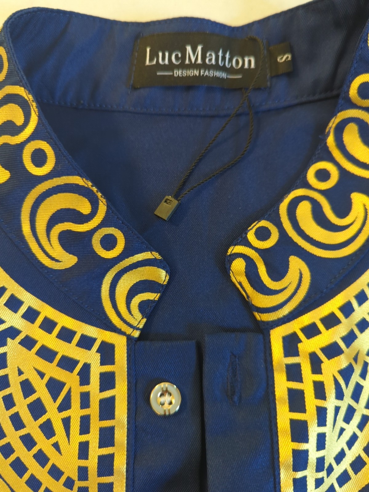 New LUC MATTON Tunic Shirt Men S African DASHIKI Tribal Blue Gold Long Sleeve
