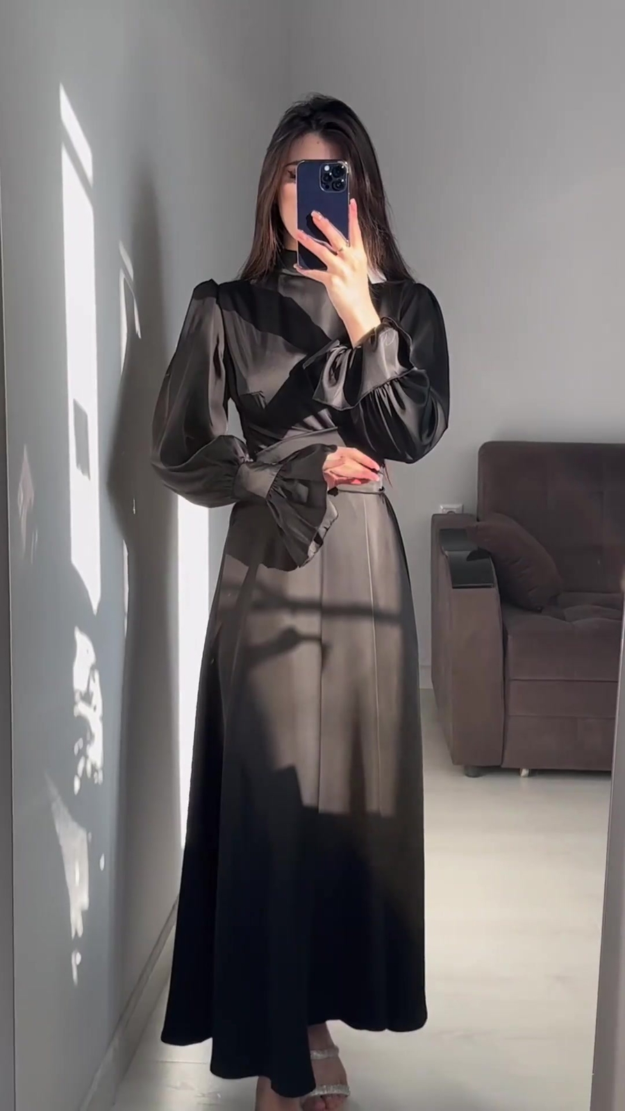 Dubai Satin Dress Flare Sleeve Women Muslim Islamic Abaya Lace Up Gown S-2XL