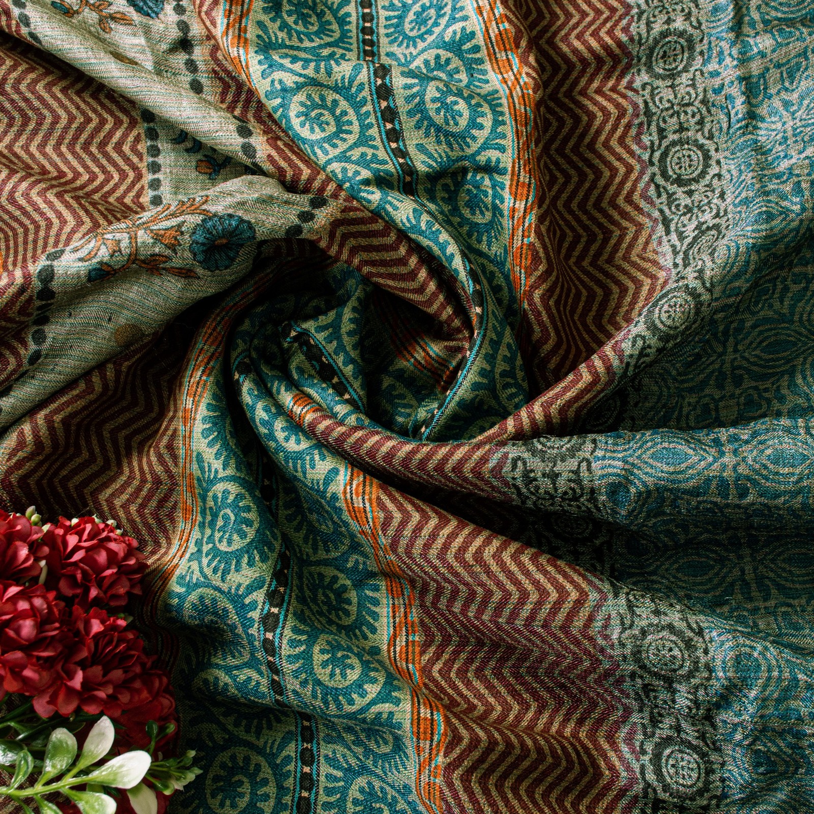 Sanskriti Vintage Blue Pure Woolen Sarees Fabric Block Printed Woven 5.5+Yd Sari