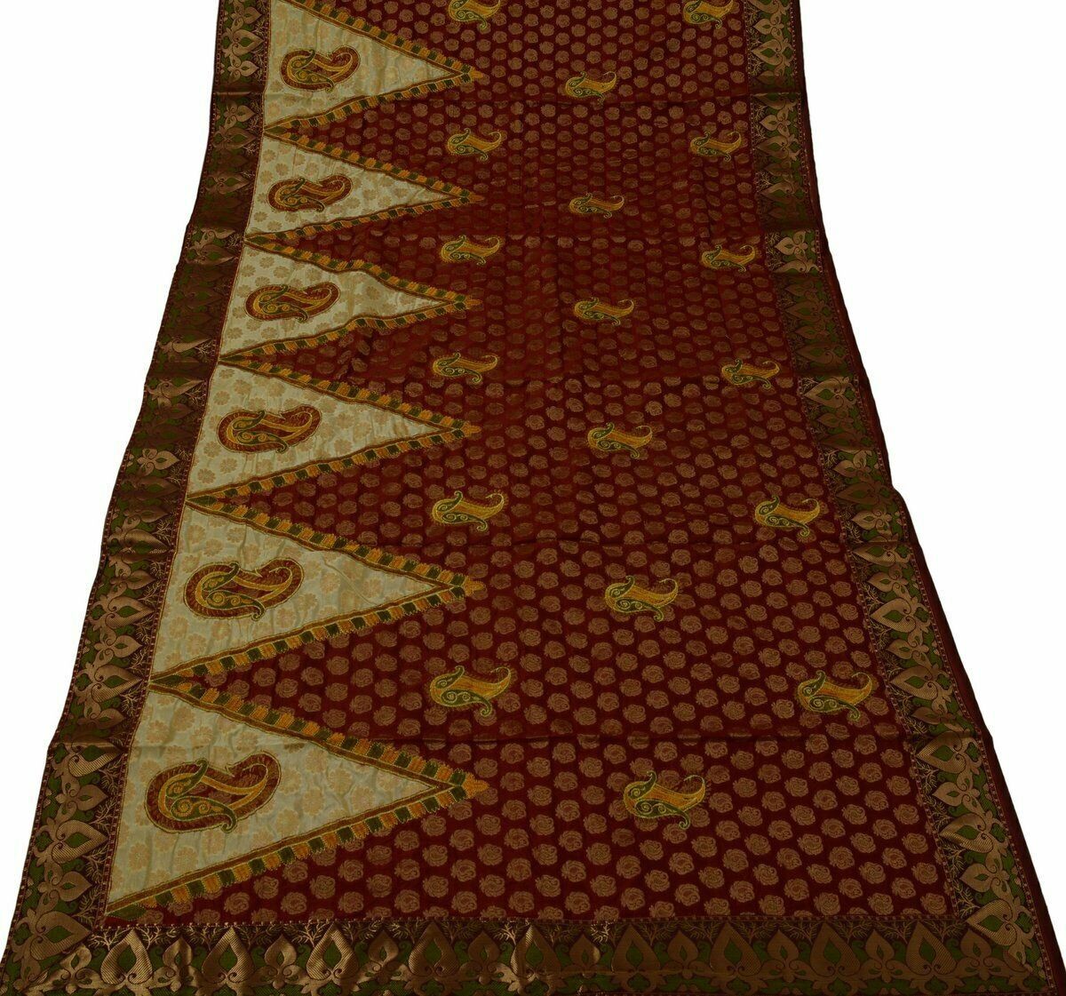 Indian Saree Embroidered Banarasi Chanderi Patch Work Brocade Border Sari Maroon