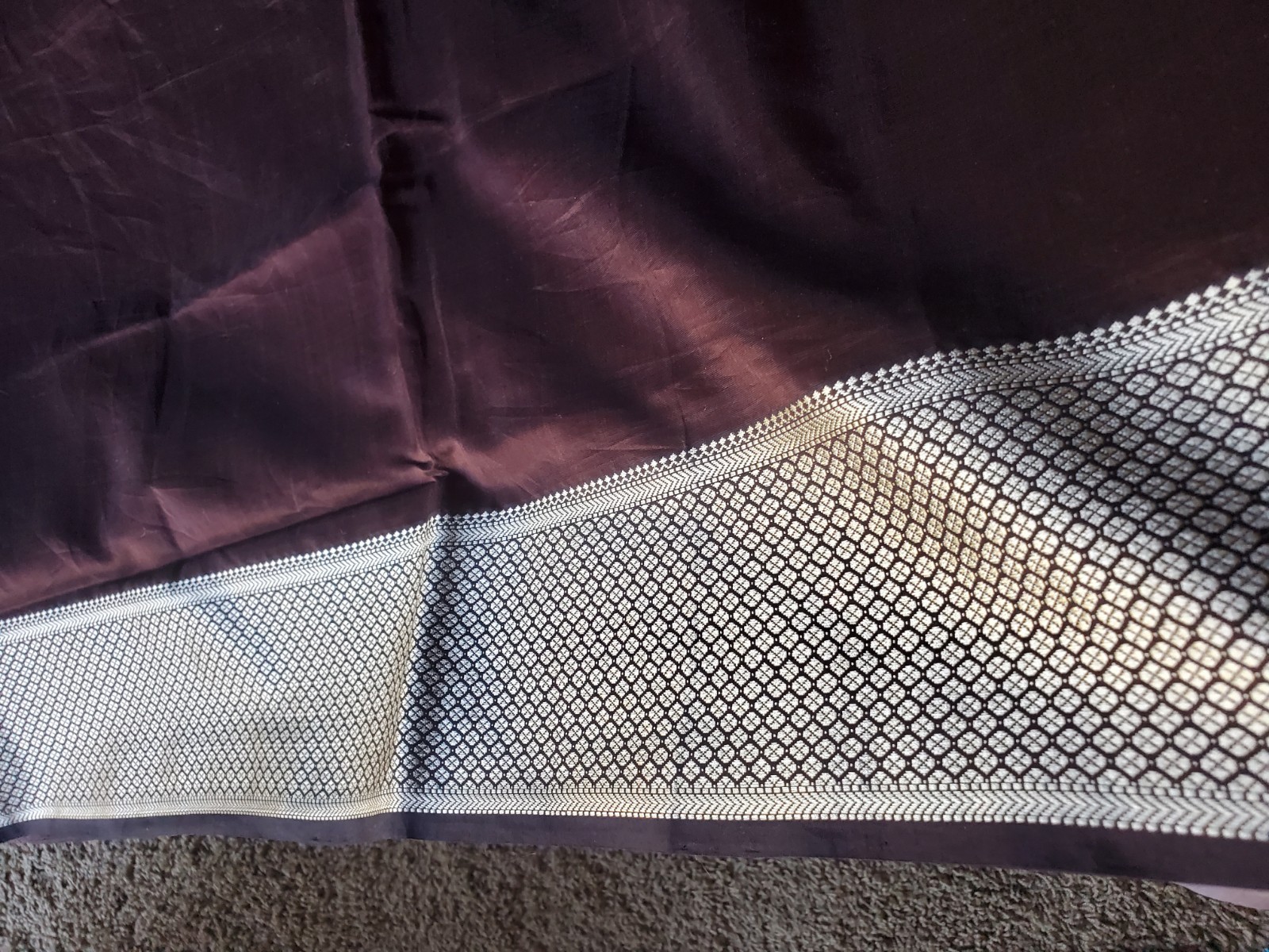 Authentic Handloom Silk Cotton Maheshwari Saree – Chocolate Brown & Silver Resha