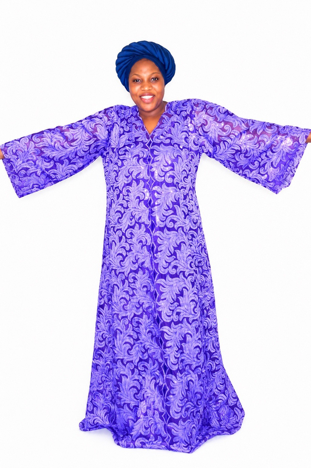 Women’s Purple African Lace Kaftan Boubou Robe Maxi Dress Wide Sleeves One Size