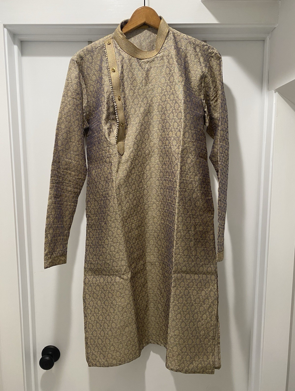 SWAYAMVAR Men Gold Purple Silk Jacquard Kurta Tunic Medium M 38 Side Placket Top