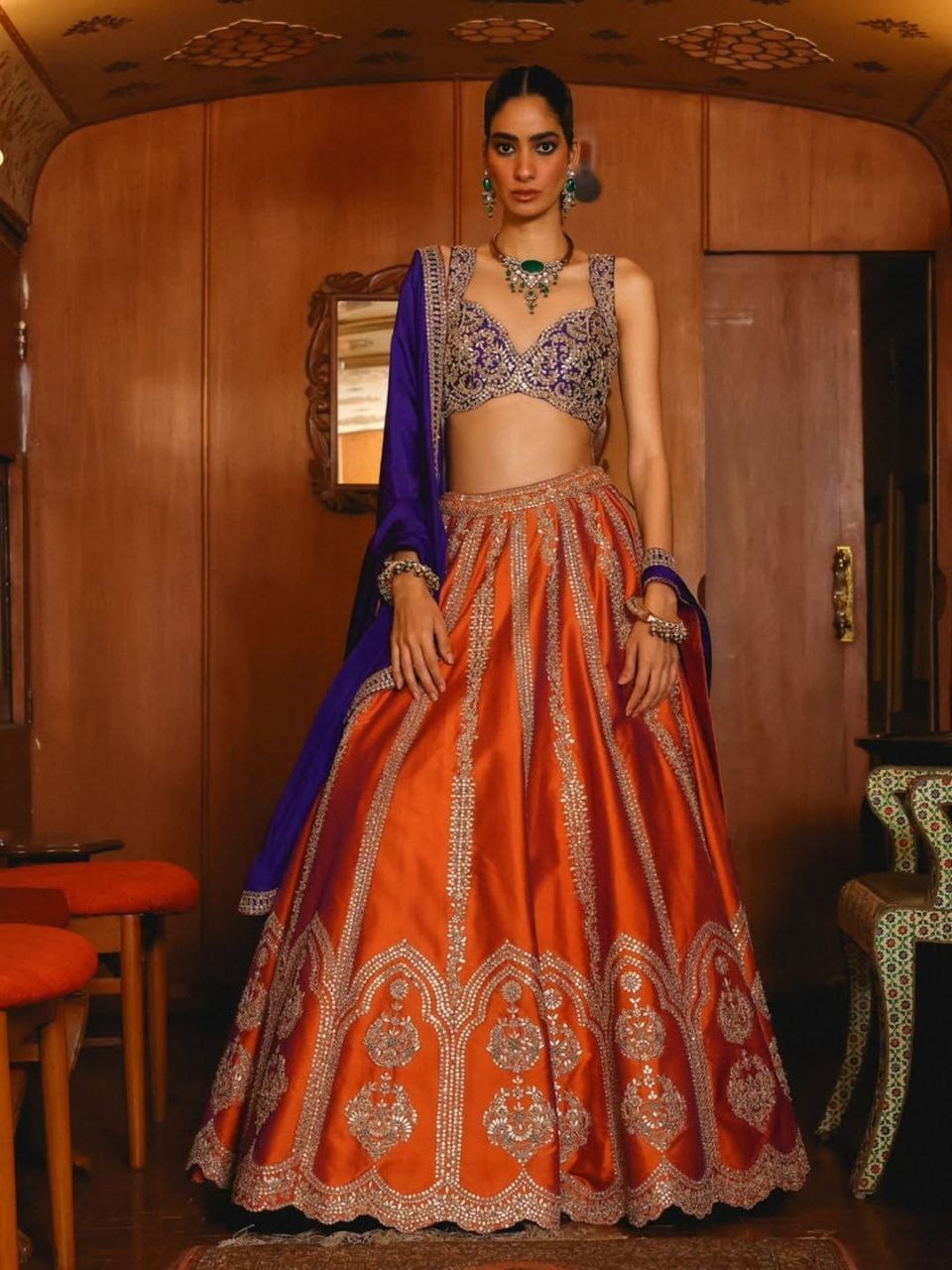 Stunning Look Silk Orange Lehenga Choli With Blue Dupatta For Reception Wear