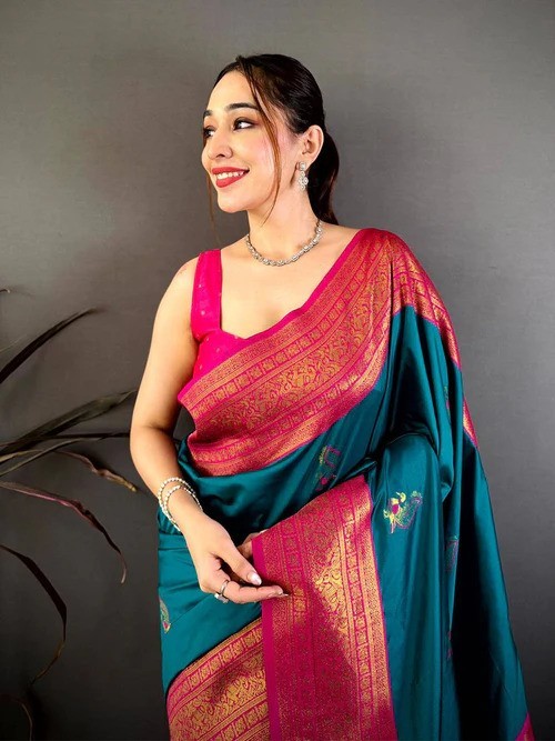 Women Saree Soft Banarasi Silk Gadwal Pattu Teal Blue Zari Border With Blouse