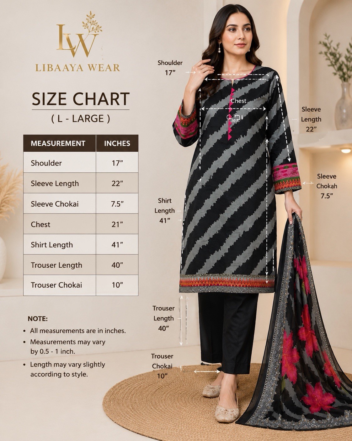 LIBAAYA WEAR Women’s 3-Piece Salwar Kameez Black/Gray Zigzag L Chiffon