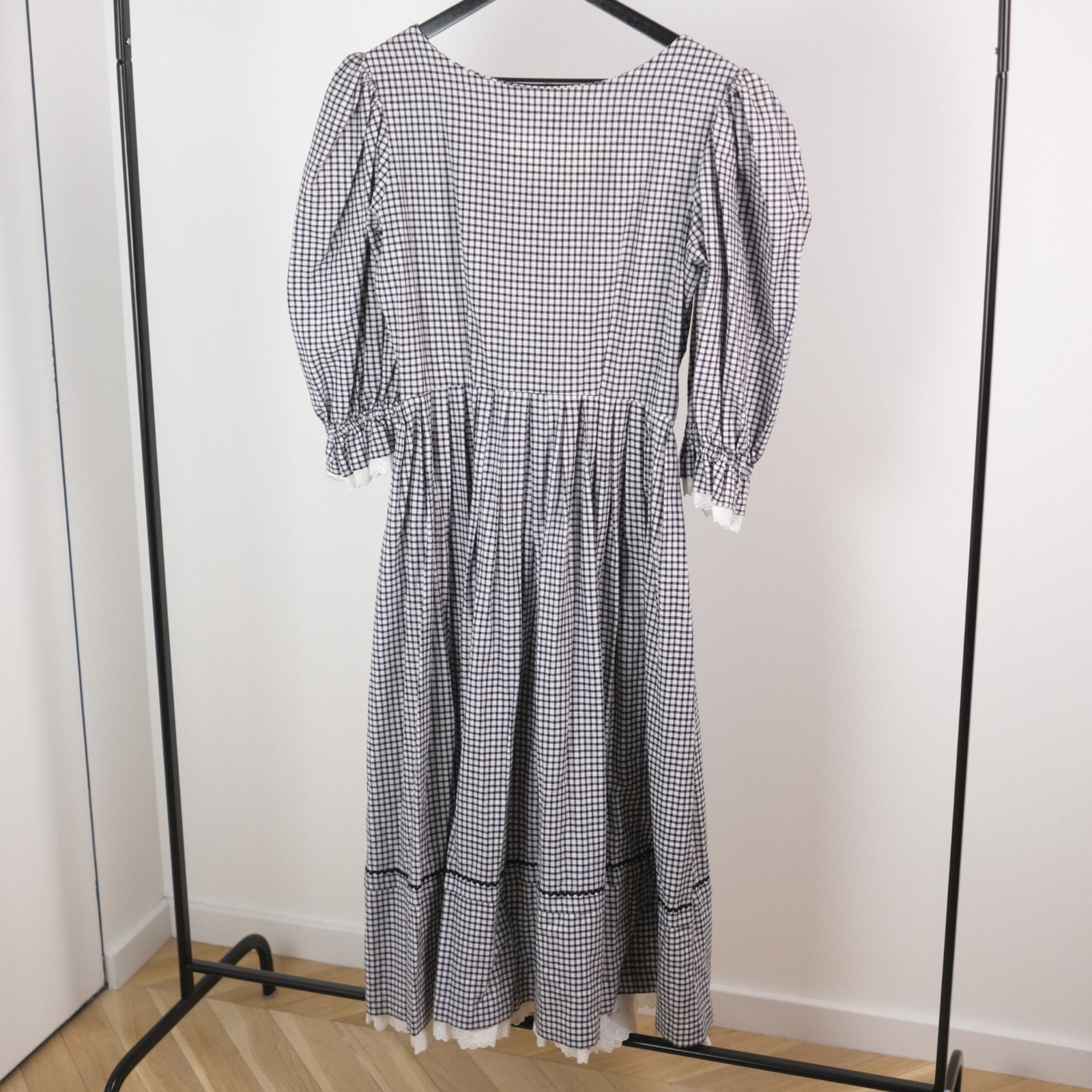 Austrian Alpine Cotton Folk Dres Checked Lace Trim Dirndl Style Size 42