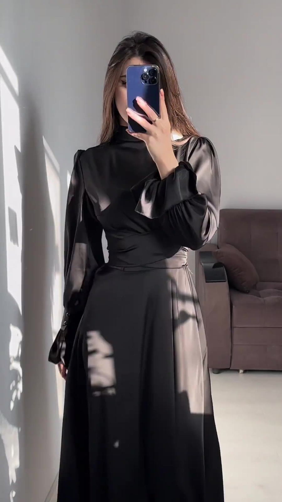 Women Long Dress Lantern Sleeves High Neck Party Plain Color Gown Lace Up Dress