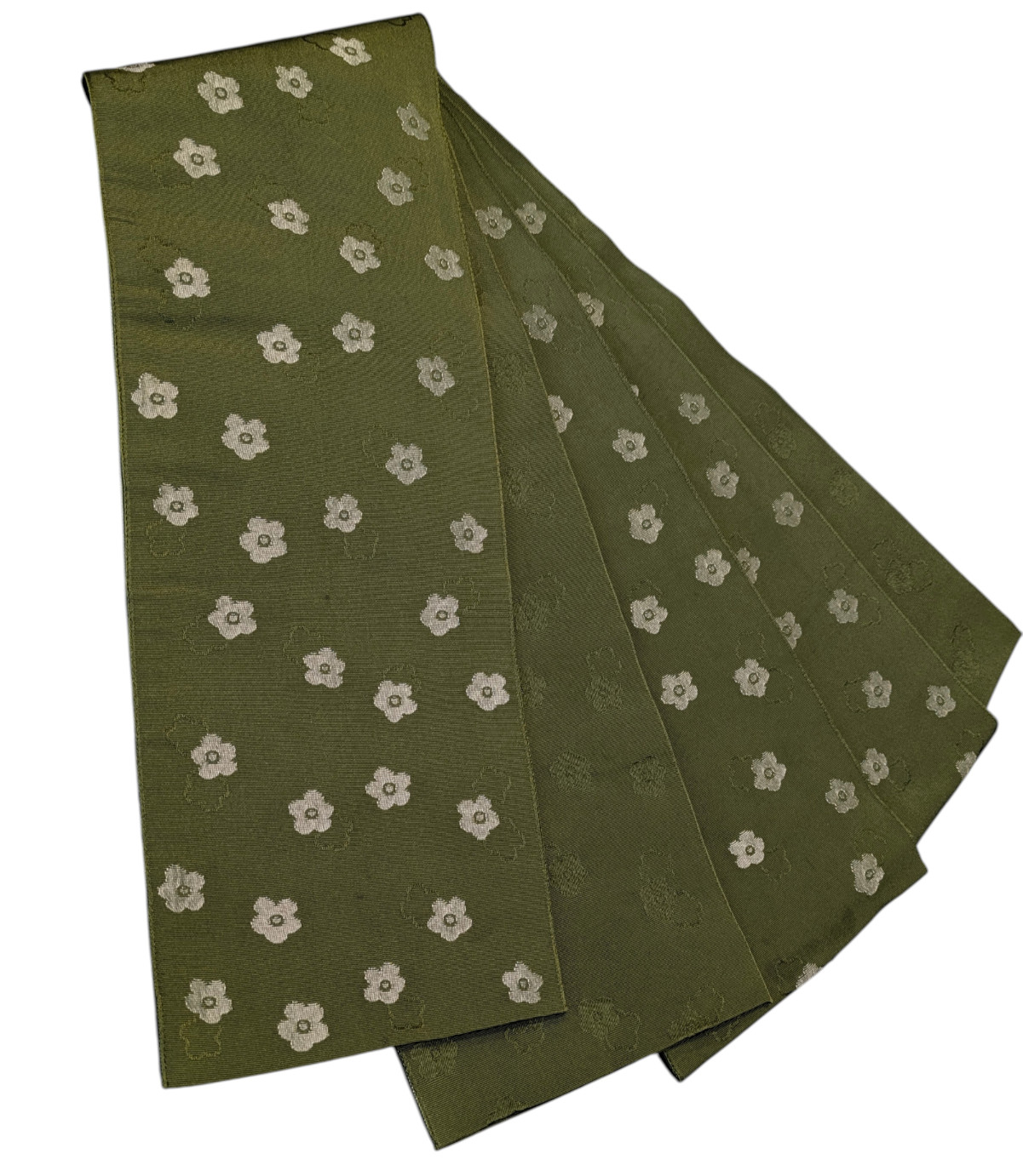 Japanese Kimono Half Obi Dark Green Silver Plum Flowers Washable Material