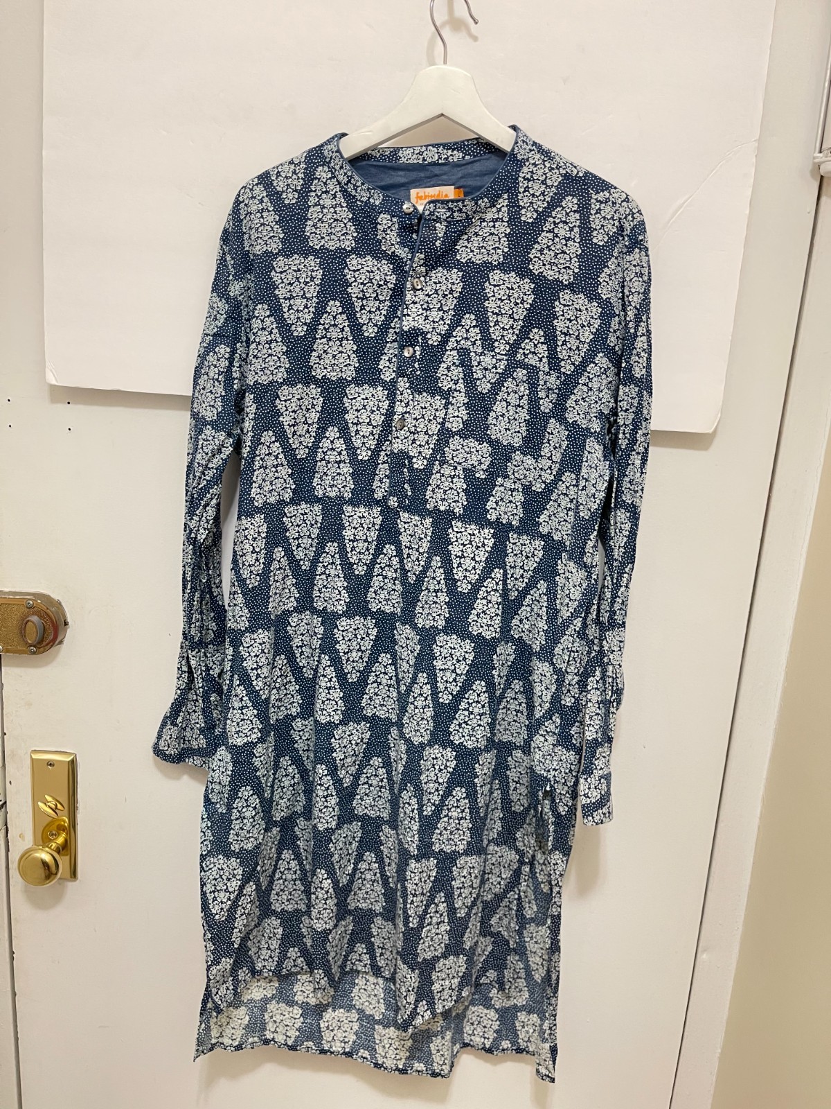 Fabindia 100% Cotton Lightweight Blue floral dots Batik Midi Kurta Dress Large