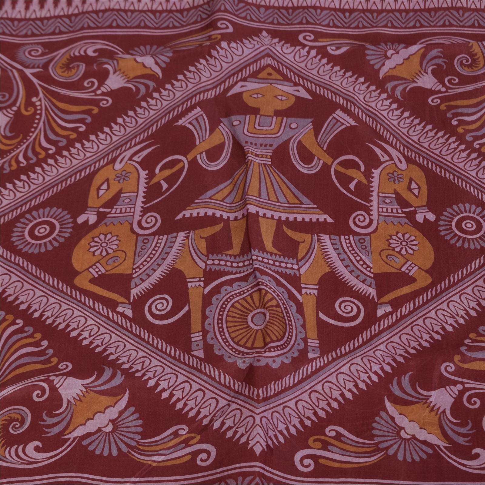 Sanskriti Vintage Orange/Red Pure Silk Sarees Human Animal Printed Sari Fabric