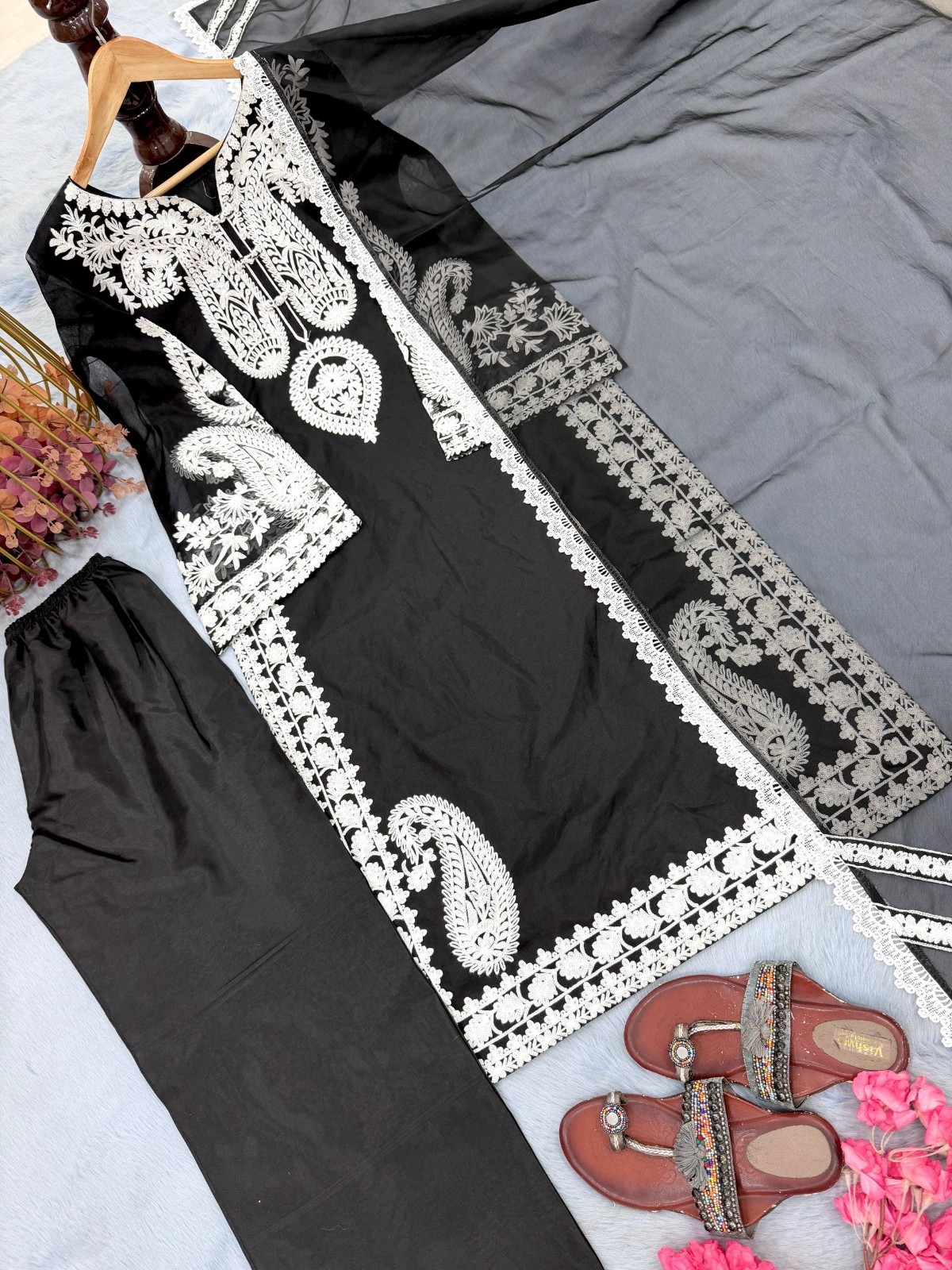Latest Soft Nylon Organza Silk Black Top Palazzo With Dupatta For Ethnic Wear