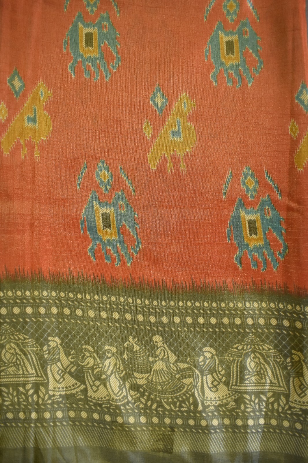 FNC Vintage Saree Indian Orange Hand Woven Ikat Blend Silk Sari Craft Fabric 5Yd