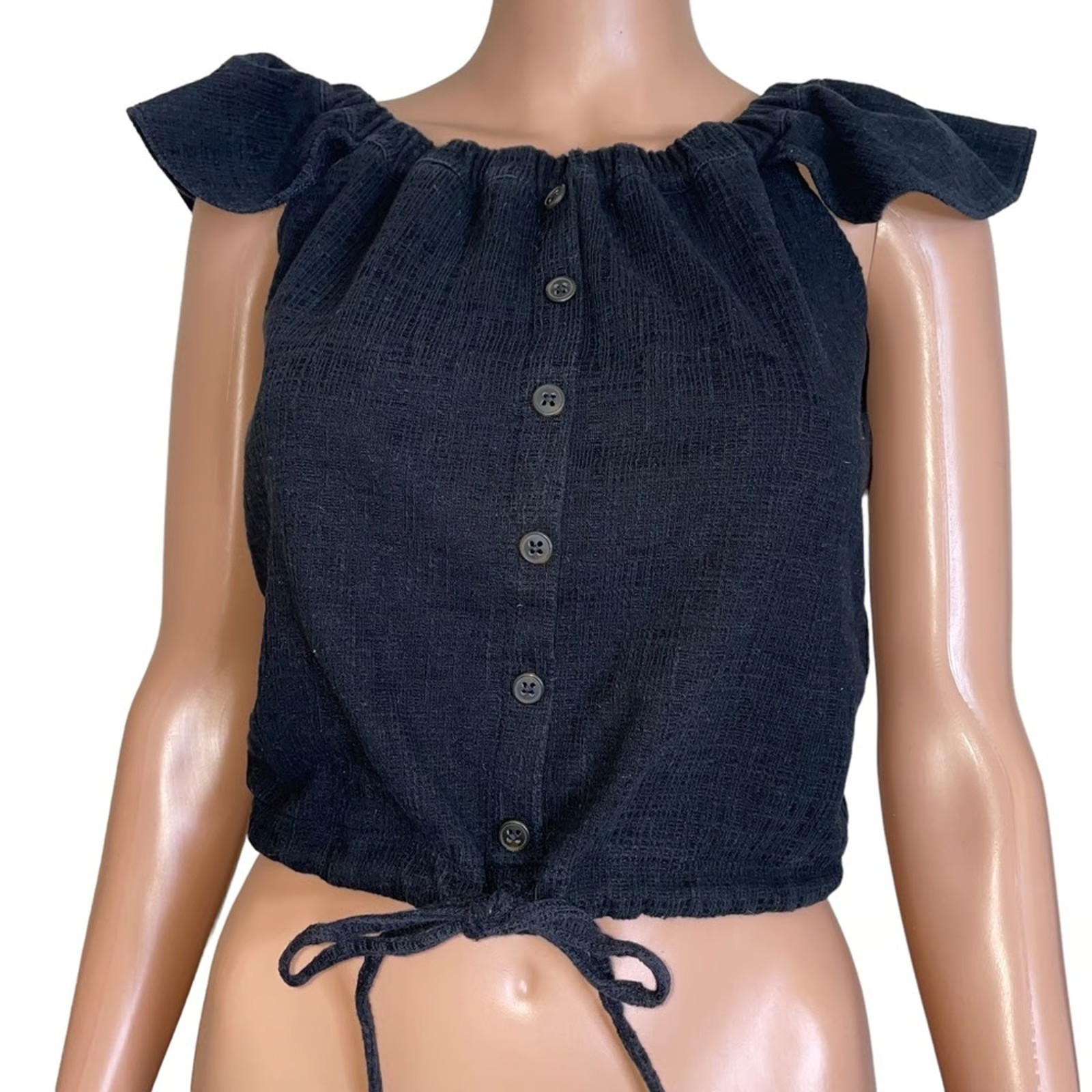 Madewell black textured cropped off the shoulder waist tie blouse SZ XS