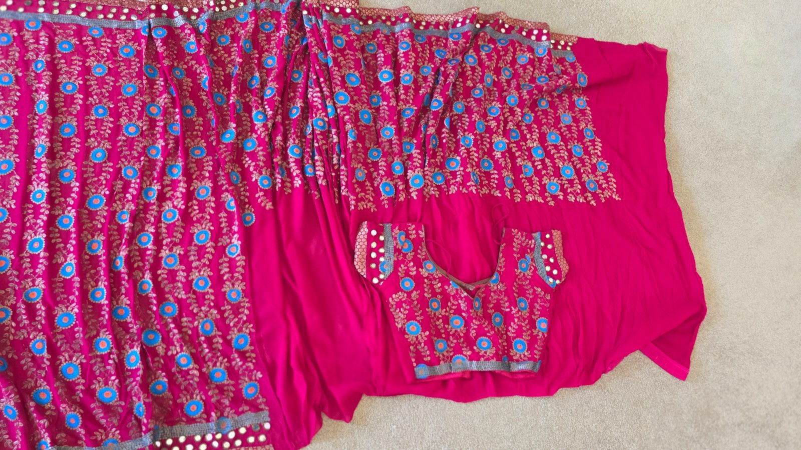 Pre-Stitched Red Chiffon Saree | Blue Gold Embroidery | 6-Yd Craft Fabric Canvas