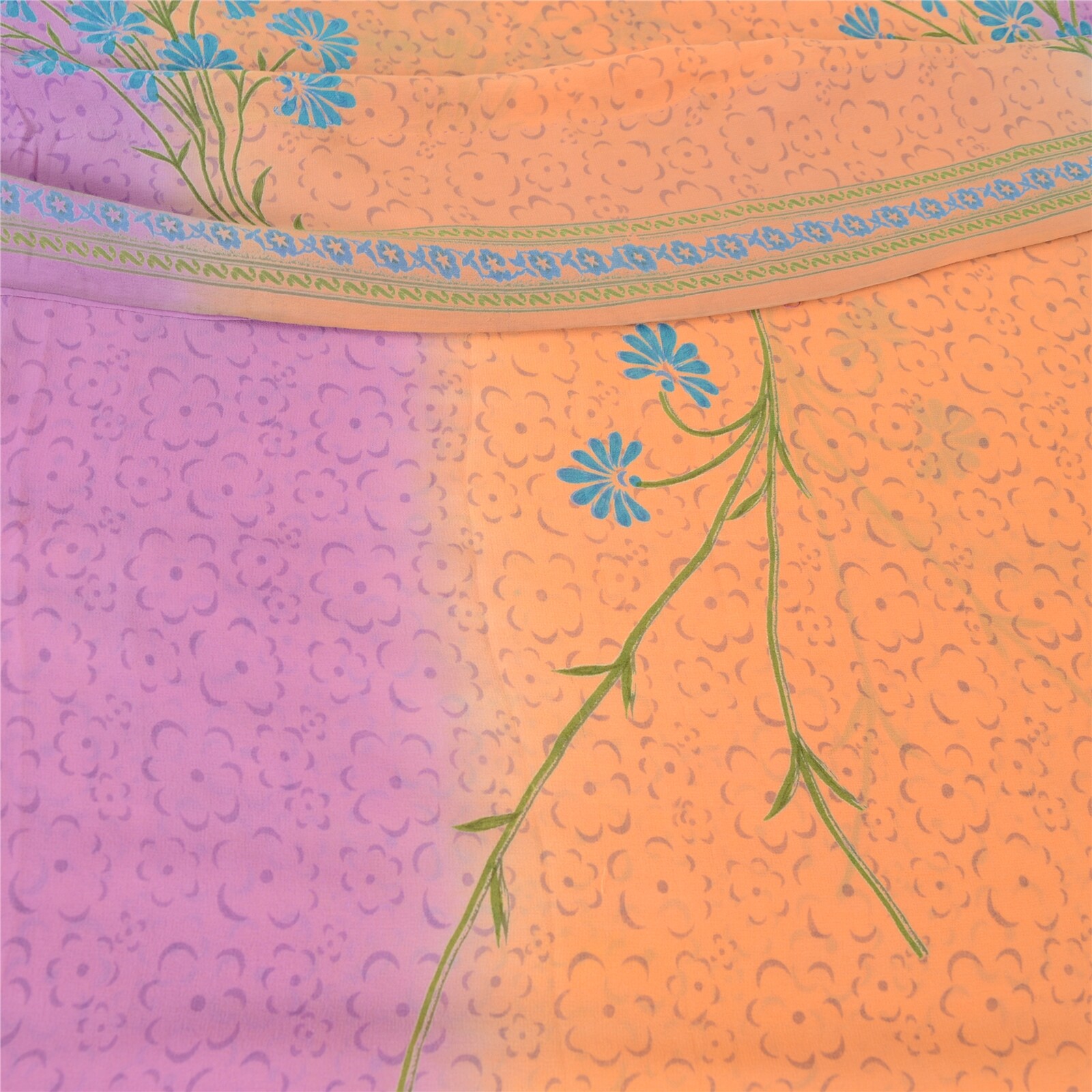 Sanskriti Vintage Sarees Orange/Purple Pure Georgette Printed Sari Craft Fabric