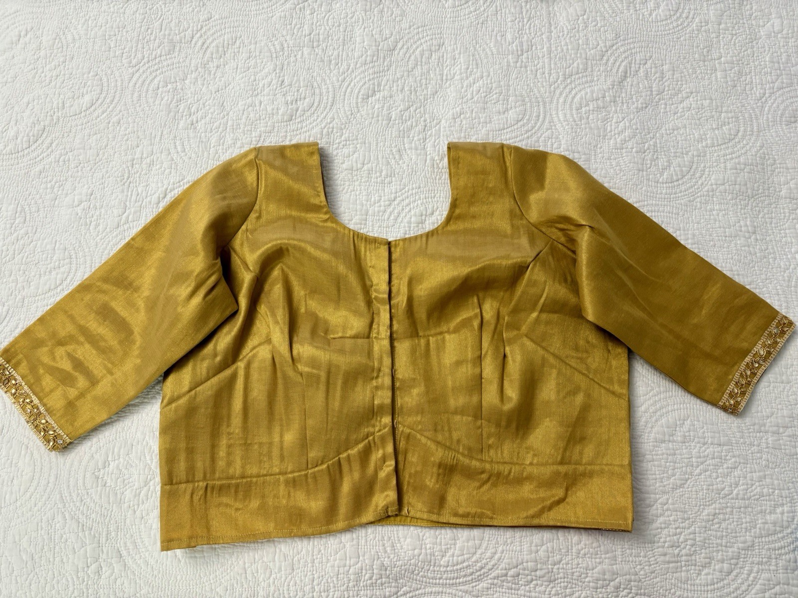 Gold Saree Blouse Square Back With Embroidery Accents Plus Size 44” Bust