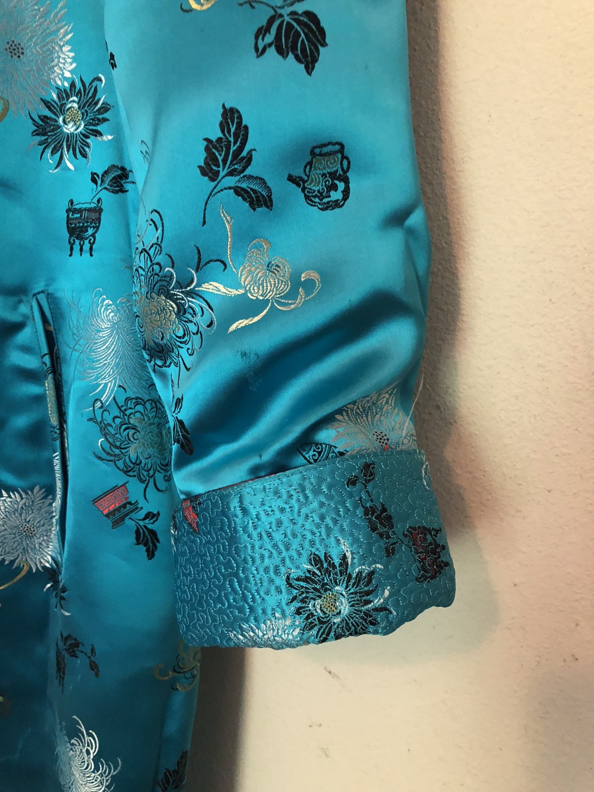 Vtg Peony Brand Chinese Kimono Size 38 Women’s S-M Reversible Blue Or Red FLAWED