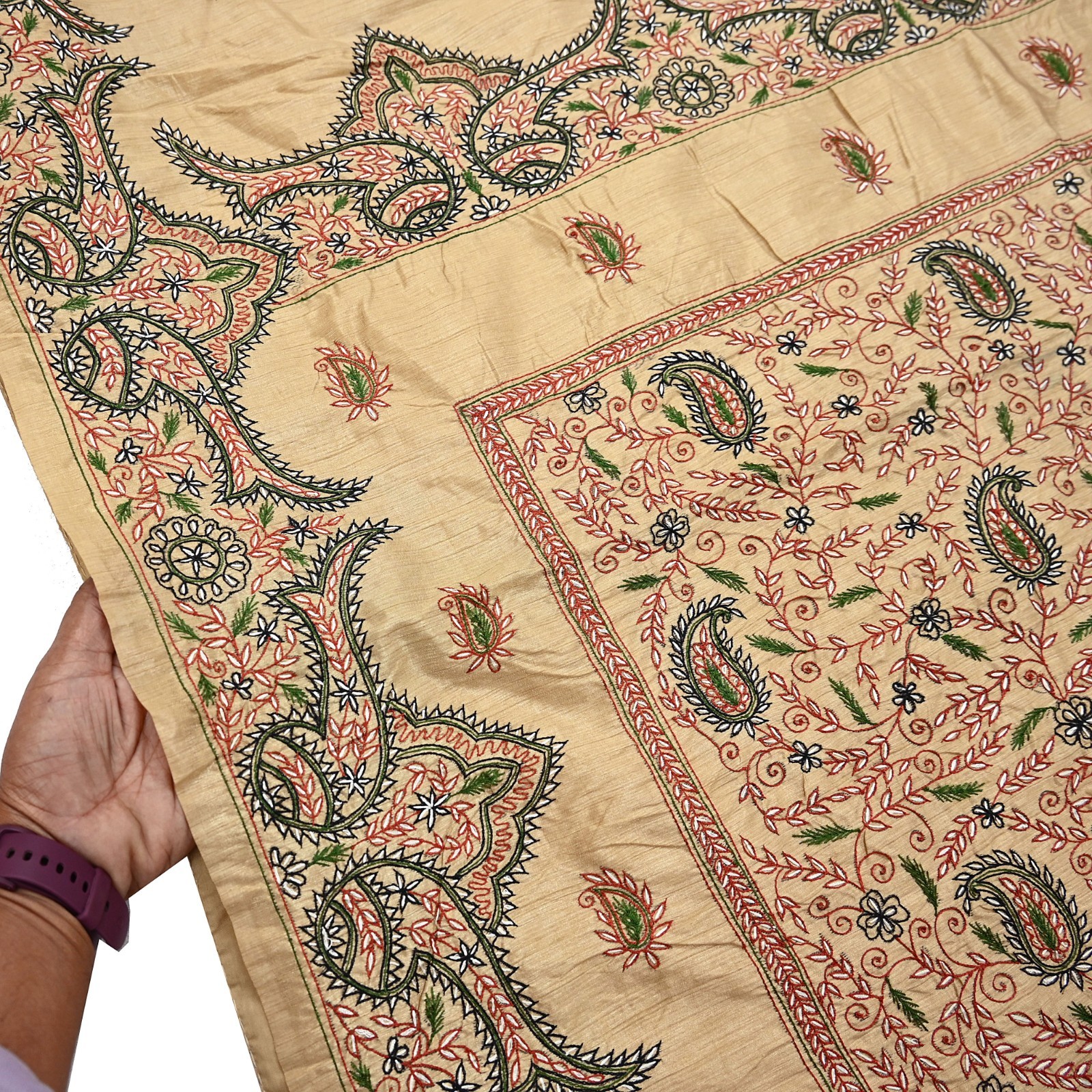 Indian Vintage Sari Beige Artificial Silk Hand Embroidered Sarees Craft Fabric 5