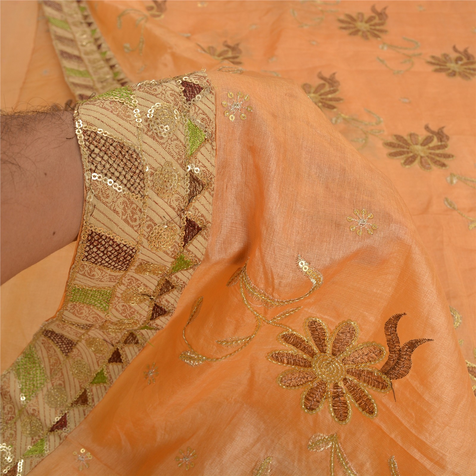 Sanskriti Vintage Peach Sarees Pure Silk Embroidered Premium Sari Craft Fabric
