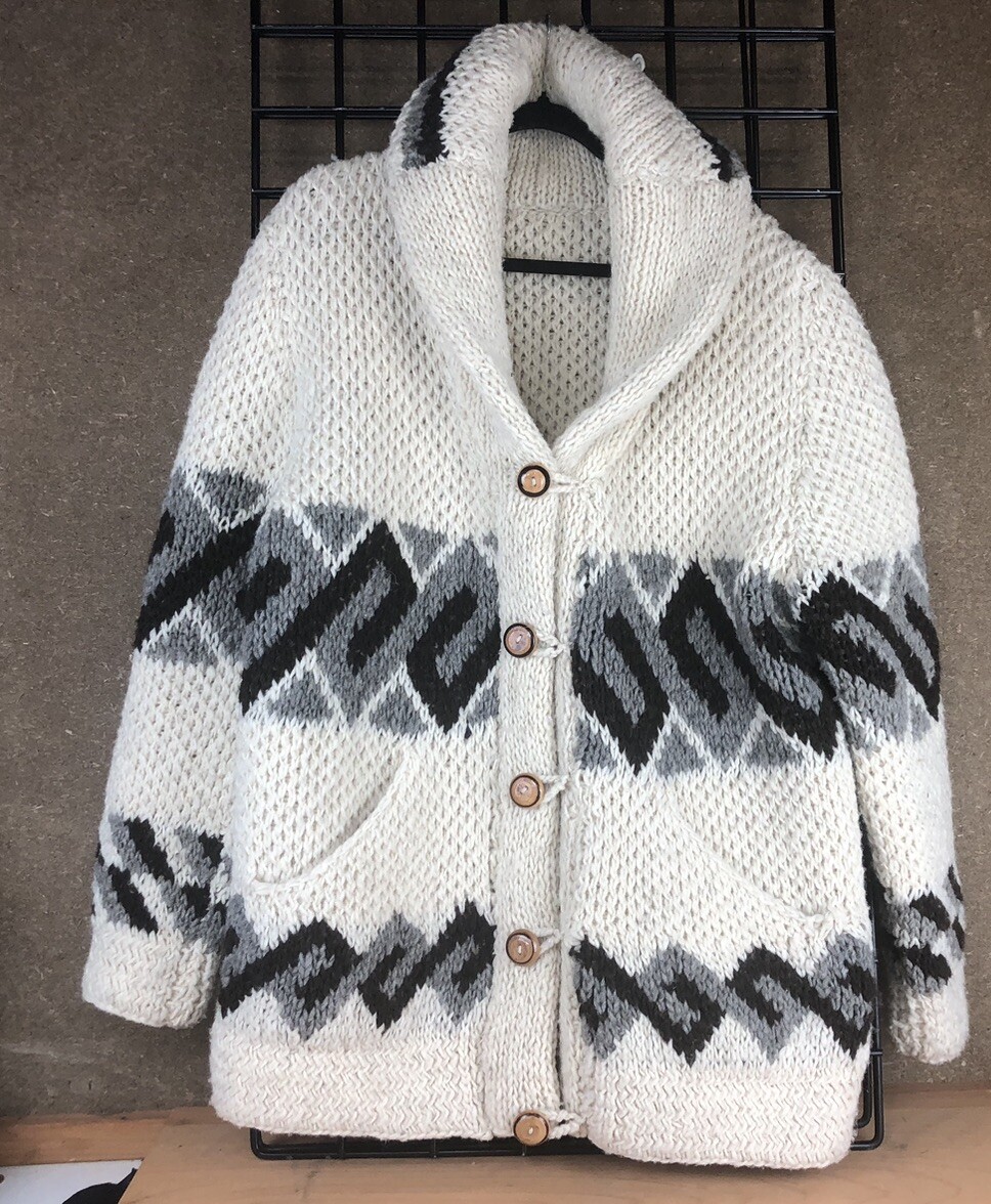 Indigenous Aztec Real Wool Thick Knit Handmade In Mexico Wood Button Down Large