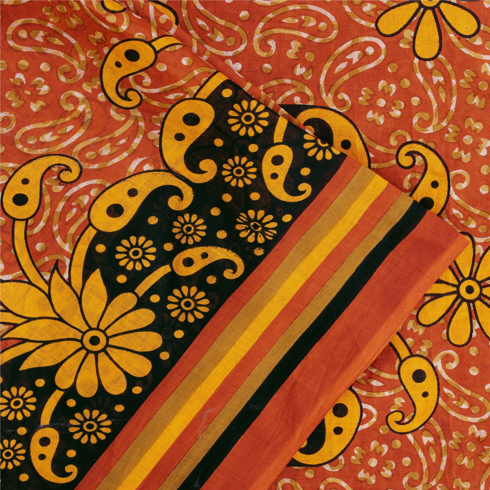 Sanskriti Vintage Orange Pure Cotton Saree Paisley Print Sari 5+yd Craft Fabric