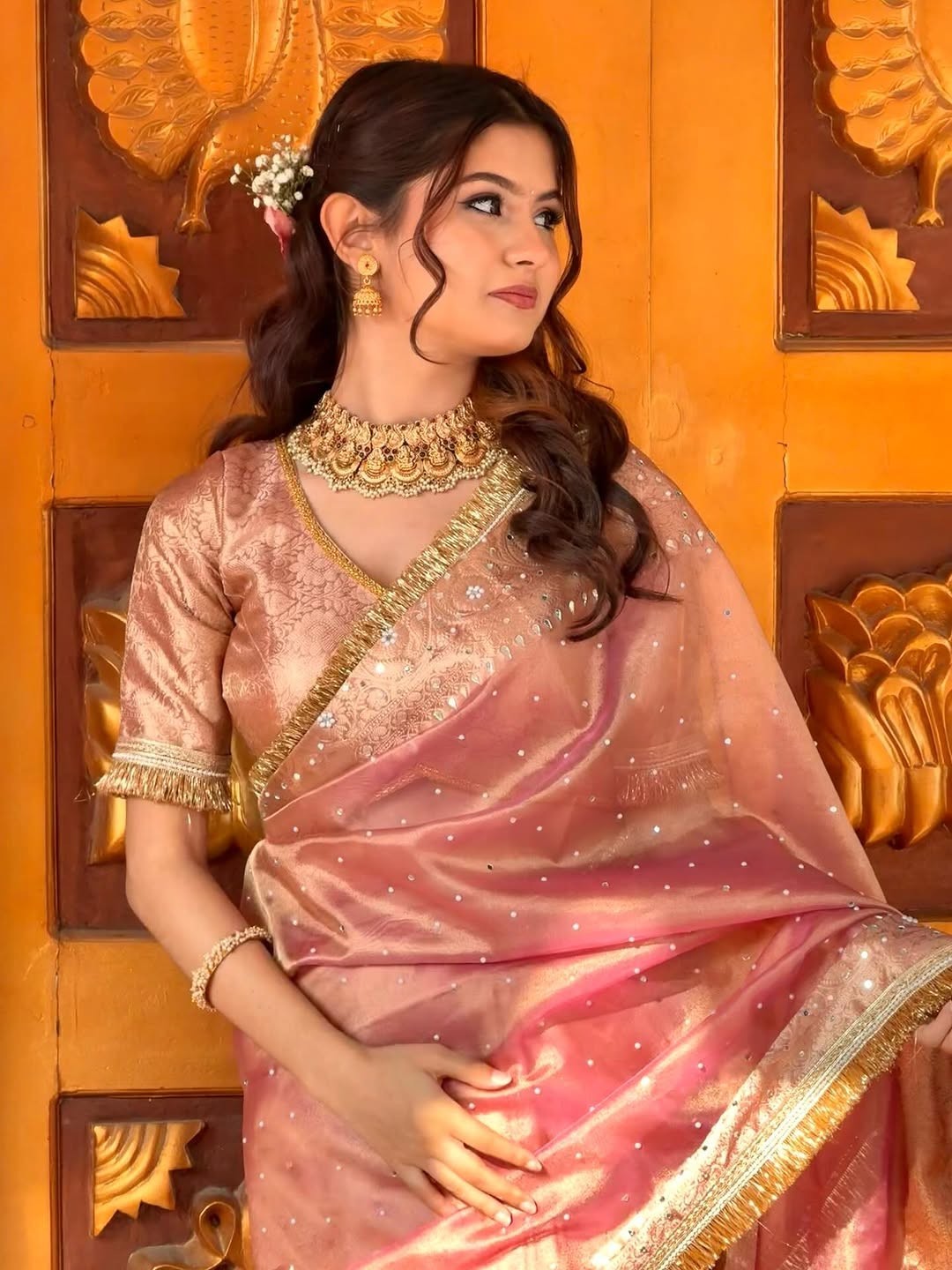 Premium Banarasi Soft Tissue Silk Saree | Mirror Work & Designer Lace Border